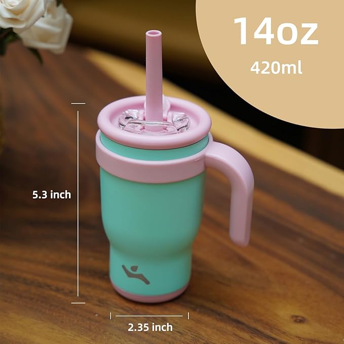 14 oz Tumbler with Side Handle, Insulated Water Bottle with Straw and 2 in 1 Lid, Stainless Steel Cup Travel Coffee Mug for Sports Office Gym,Green