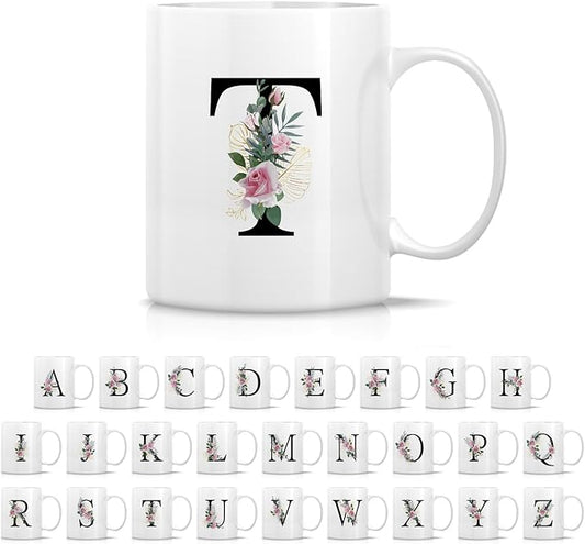 Retreez Initial A-Z Floral Botanical Bouquet Alphabet Monogrammed Monogram Mug 11 Oz Ceramic Tea Coffee Mugs - Appreciation Thank You Wedding Birthday Gifts for her friend coworker sister - T Initial