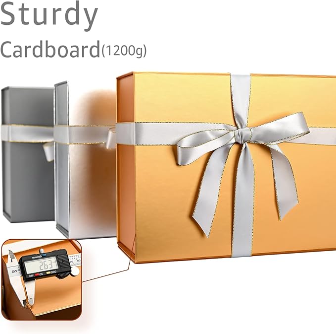 LIFELUM Gift Boxes with Lids for Presents 5 Pack 13.85 x 8.35 x 4.45 inch Gold Gift Boxes with Ribbon,Card,Shredded Paper Filler Gift Box for Valentine's day,Christmas