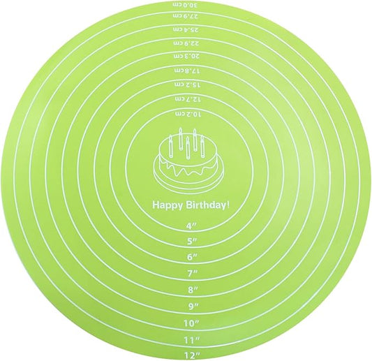 Hitefu 12 Inch Round Silicone Cake Mat, Silicone Baking Mat with Measurement for Cake Turntable & Rolling Dough (Green)