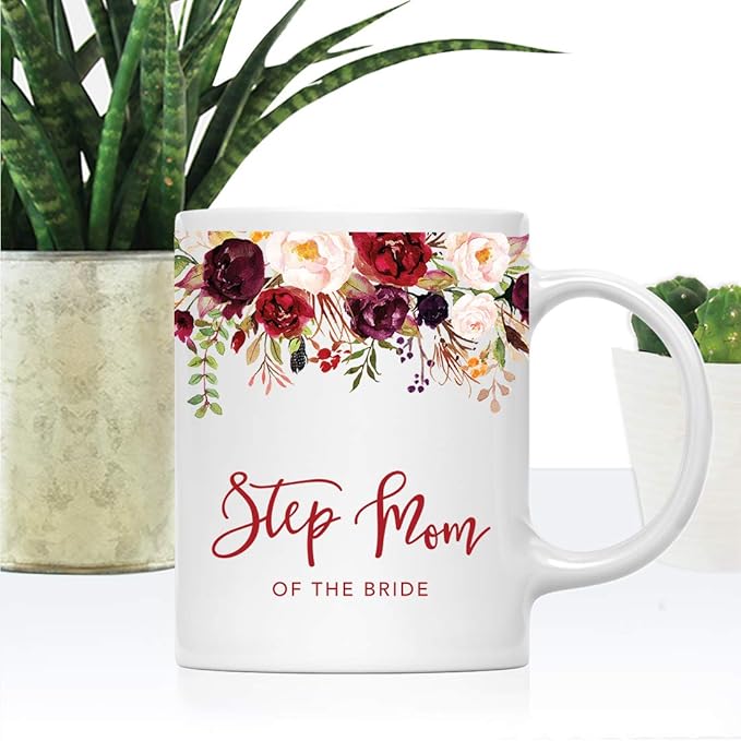 Andaz Press 11oz. Wedding Ceramic Coffee Tea Mug Gift, Fall Autumn Marsala Burgundy Flowers Roses Florals, Step Mom of the Bride, 1-Pack, Includes Gift Box