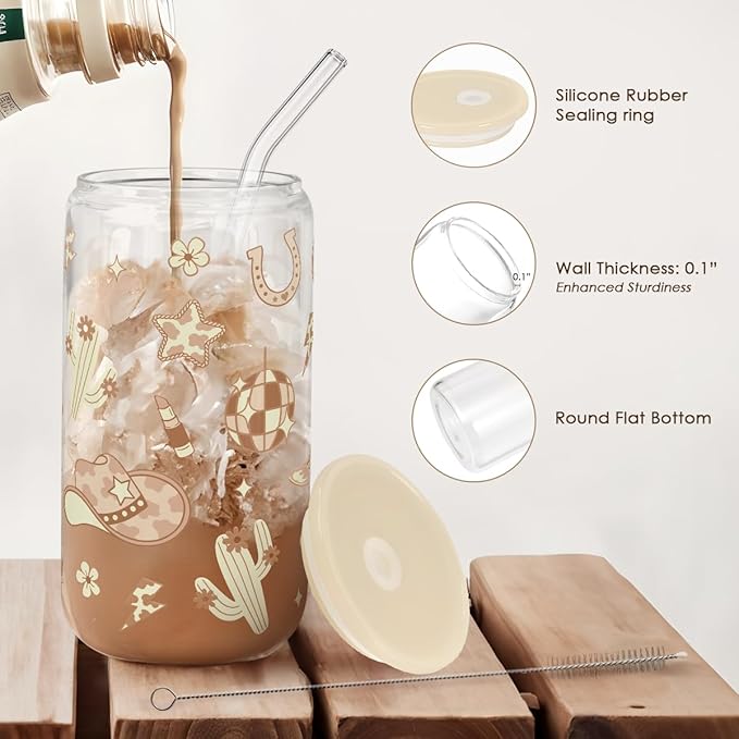 Western Cowgirl 16oz Can Glass Tumbler with Acrylic Lid & Straw, Iced Coffee Cup for Women, Aesthetic Cups Gifts for Birthday Christmas