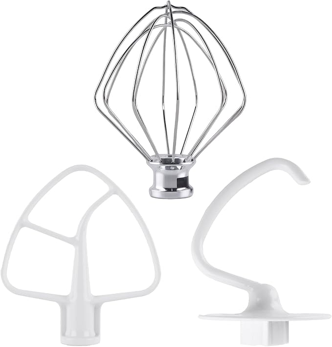 3-Piece Kit Attachments for KitchenAid Tilt-Head Stand Mixer, Accessories Stainless Steel K45WW Wire Whip, K45DH Dough Hook and K45B Coated Flat Blade Paddle with Scraper