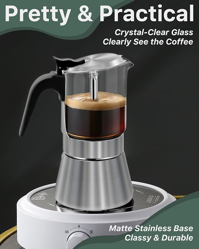 Grasseed Stainless Steel Moka Pot, Crystal Glass-top Coffee Maker Mocha Pot, Italian Stovetop Espresso Maker for Coffee - 9 Cup/360ml