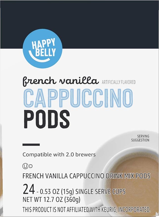 Amazon Brand - Happy Belly Cappuccino Coffee Pods Light Roast Compatible with 2.0 K-Cup Brewers, French Vanilla Flavored, 24 Count, 1.5 pound (Pack of 1)