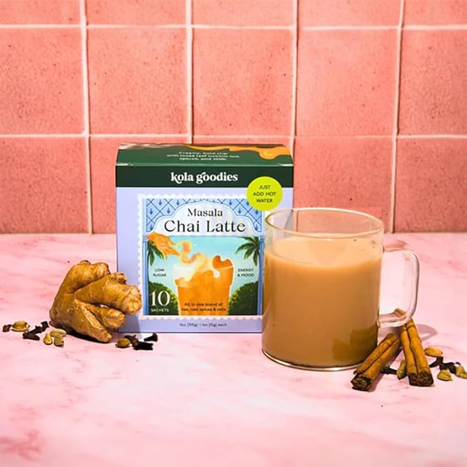 Kola Goodies Masala Chai Lazy Girl Tea Latte Powder – Indian Chai Mix with Ceylon Black Tea, Cardamom, Ginger, Cinnamon – Instant Spiced Chai Drink – Milk Tea Latte – 10 Servings
