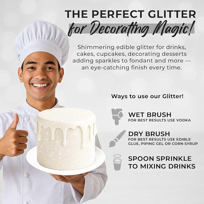 Bulk 20g White Edible Glitter for Drinks | Premium Edible Glitter for Cakes, Cocktails, White Cake Decorating Decorations Food Grade, Vegan, Kosher, Halal, Gluten Free - Made in USA