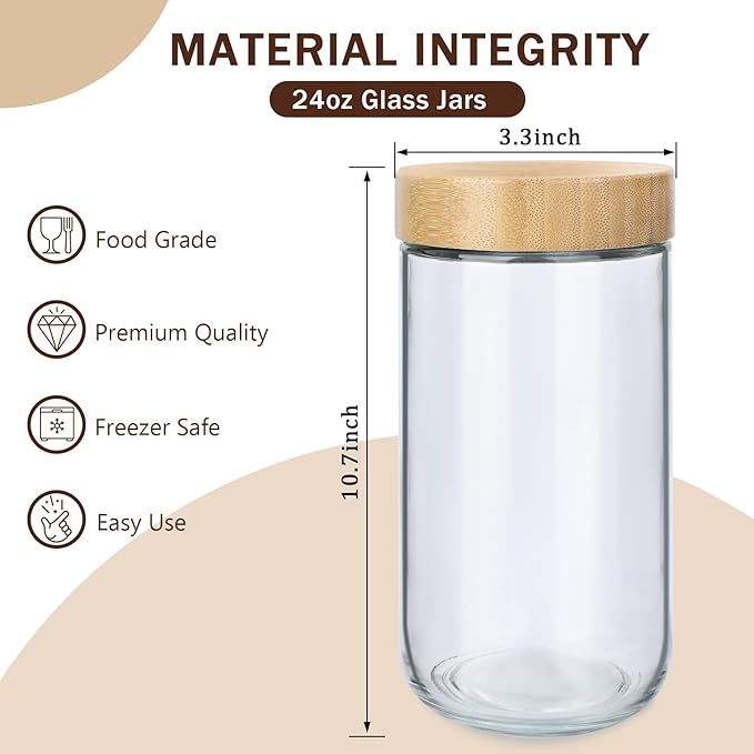 OcePor 6 Pack 24oz Glass Jars with Bamboo Lids, Over Night Oats Container with Airtight Lid, Glass Snack Storage Salad Jars For Food, Yogurt, Sugar and Flour,Coffee Bean, Cookie, Cereal