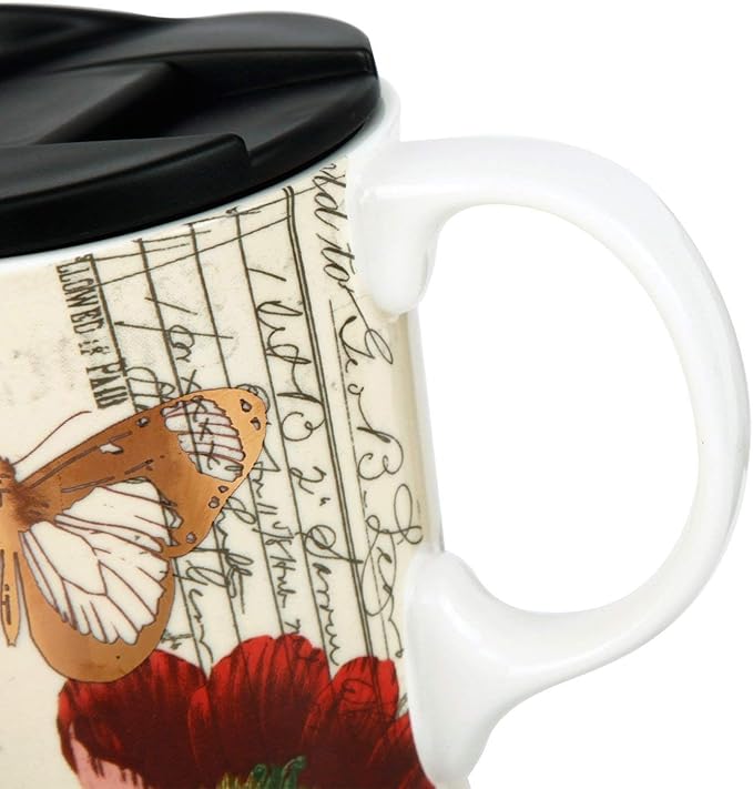 Topadorn 17 OZ Ceramic Coffee Mug Travel Cup with Lid and Gift Box, Red Flower and Butterfly