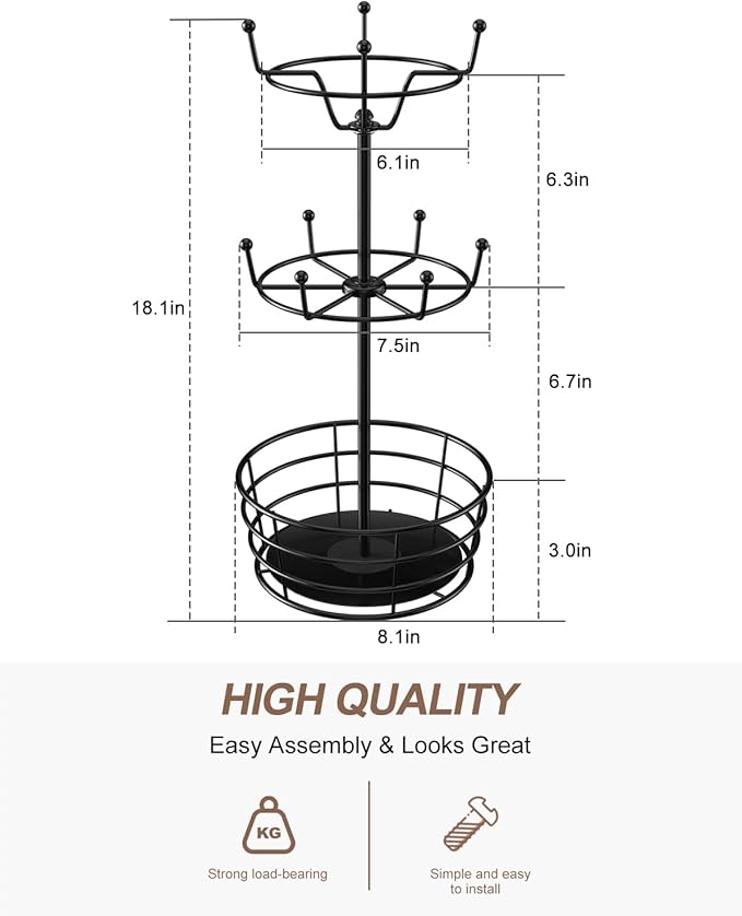 Visentor Rotatable Metal Coffee Mug Rack - 3 Tier Holder with 10 Hooks, Cup Pods & Saucer Basket for Bar Kitchen Counter - Black