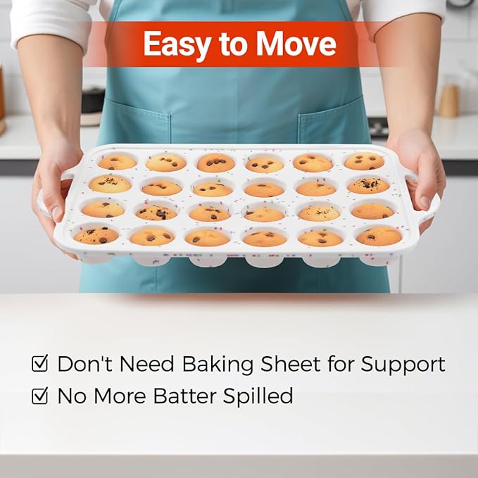 CAKETIME Mini Muffin Pan,Metal Reinforced Frame Silicone Cupcake Pan，Easy To Handle Nonstick 24 Cups Small Muffin Pan, White