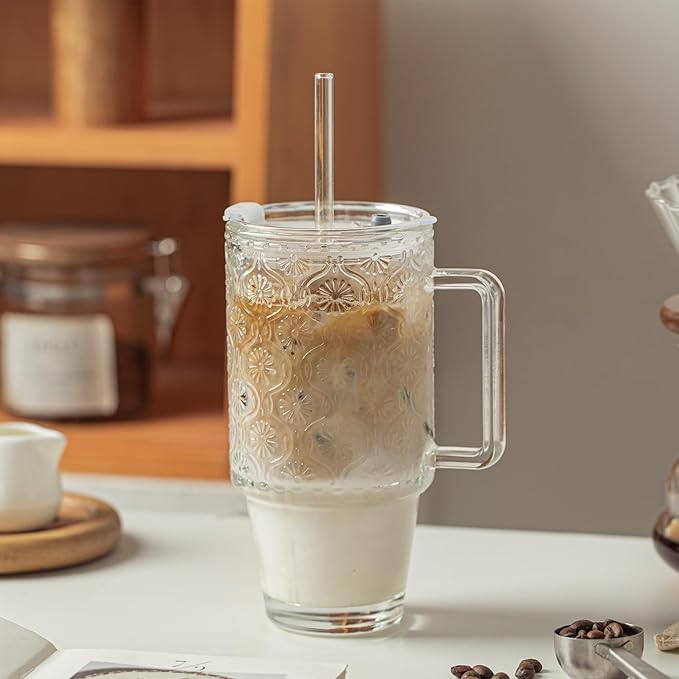 KEMORELA 6-Pack 24oz Glass Tumblers with Straws & Lids, Begonia Floral Iced Coffee Cups with Handles, Reusable Smoothie Glasses, Dishwasher Safe Cold Drinkware Set, BPA-Free Straws Included