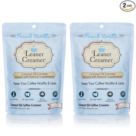 Leaner Creamer Coconut Creamer with Superfood Ingredients – Non-Dairy, Sugar-Free Powdered Coffee Creamer – French Vanilla – 2-Pack Bundle – 280g Each
