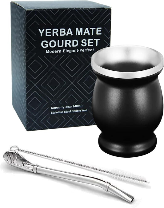 LA FEE Yerba Mate Natural Gourd/Tea Cup Set Brown (Original Traditional Mate Cup - 8 Ounces)，Includes Yerba Mate Straw & Cleaning Brush，Stainless Steel | Double-Walled | Easy to Clean (Black)
