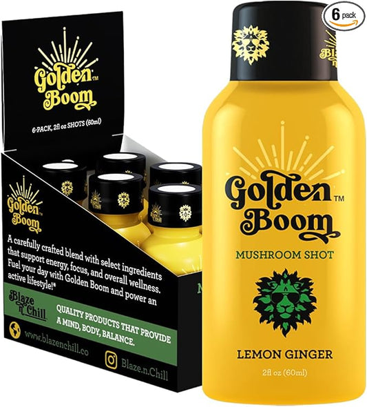Blaze n Chill Golden Boom Mushroom Shot – Focus & Endurance Drink with Lion's Mane, Cordyceps, B-12 & Ginseng – Natural Mushrooms - Lemon Ginger (2fl oz, 6 Pack)