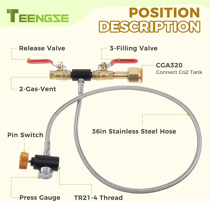 CGA320 G1/2 Co2 Cylinder Refill Adapter Hose, CO2 Refill Adapter Fill Station Connector Kit, CGA320 to TR21-4, 32inch Hose Dual Valve with Gauge