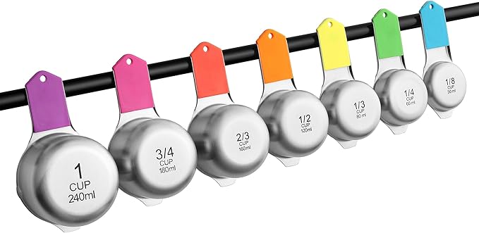 Spring Chef Magnetic Stainless Steel Measuring Cups (Patent Pending), Kitchen Tools with Easy to Read Markings for Measuring Dry or Liquid Ingredients, Set of 7, Neon