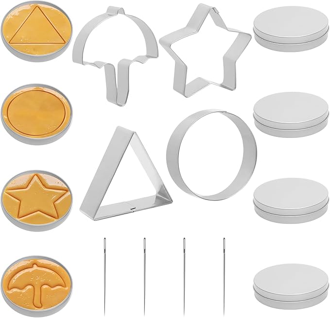 4 Set Korean Dalgona Cookie Kit, Sugar Game Cookie Set with Stainless Steel Round, Star, Umbrella, Triangle Cookie Cutters for DIY Baking & Home Party