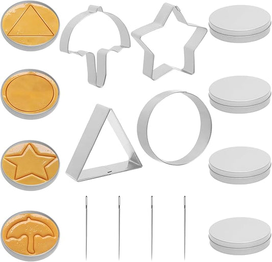 4 Set Korean Dalgona Cookie Kit, Sugar Game Cookie Set with Stainless Steel Round, Star, Umbrella, Triangle Cookie Cutters for DIY Baking & Home Party