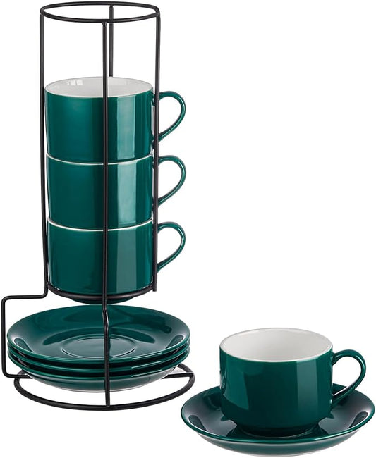 YOLIFE 8oz Porcelain Stackable Cappuccino Cups with Saucers and Metal Stand Set of 4, Coffee cups for Espresso, Specialty Coffee Drinks, Latte, Americano and Tea - Green