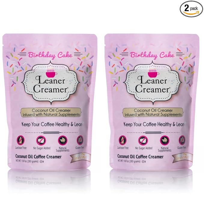 Leaner Creamer Coconut Creamer with Superfood Ingredients – Non-Dairy, Sugar-Free, Keto, Gluten-Free Powdered Coffee Creamer – Birthday Cake – 2-Pack Bundle – 280g Each