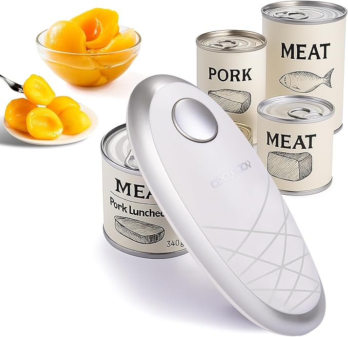 CIRCLE JOY Electric Can Opener, One-Touch Automatic Can Opening with Smooth Edges, Food Safety Handheld Battery-Operated Can Opener for Kitchen and Seniors,Silver