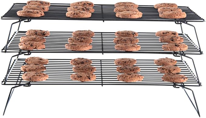 Restaurantware Met Lux 15.7 x 9.8 x 8.3 Inch Wire Baking Rack Set 1 Stackable Oven Wire Rack Set - 3-Tier Design Oven-Ready Up To 392F Black Iron Cooling Rack Set With Collapsible Feet