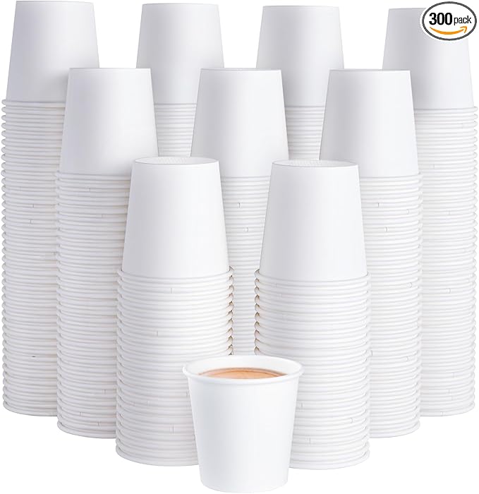 JOLLY PARTY 300 Pack 4 oz Disposable Paper Coffee Cup, Hot/Cold Beverage Drinking Cups for Water, White Hot Paper Coffee Cups