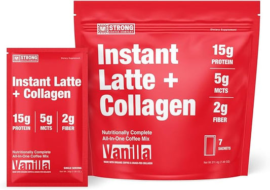 STRONG COFFEE COMPANY Instant Vanilla Latte Travel Pack - - 15g Protein, Instant Protein Coffee with Collagen, Adaptogens & Nootropics, No Crash, No Jitters, 7 Servings Bag