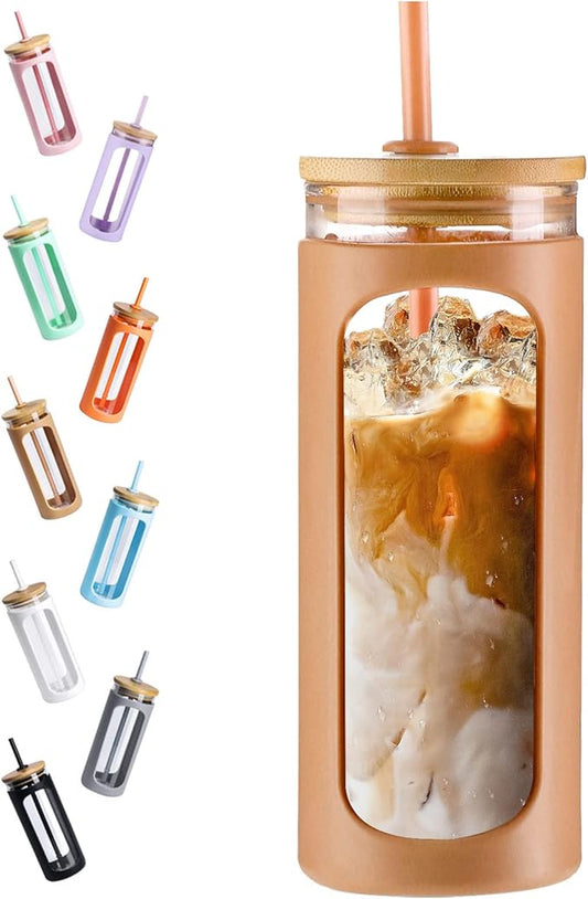 Kodrine 20oz Glass Tumbler with Straw and Lid, Iced Coffee Cups with Bamboo Lids, Glass Cups for Cold Drinks, Smoothie Cup with Silicone Sleeve for Travel, Work, BPA FREE-Mocha Mousse