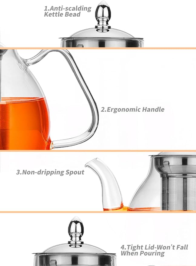TETWIN Glass Teapot Including 6 Blooming Flower Tea Balls, Stovetop Safe Tea Pot with Removable Infuser for Loose Leaf Tea, 1000ml / 33.8oz