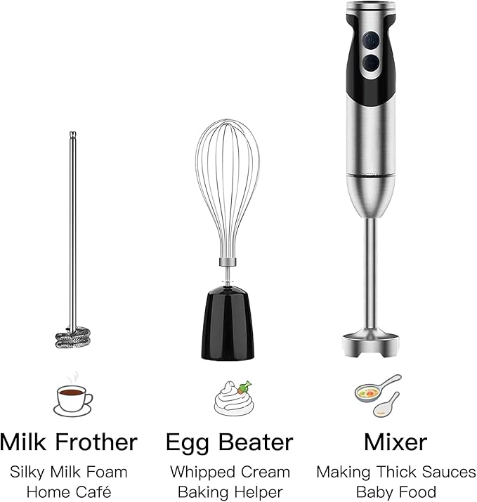 MegaWise Blender Handheld 12-Speed Stainless Steel Electric Hand Blender, 3 in 1 Immersion Handheld Blender，with Sturdy Titanium Plated Stainless Steel Blades(black)