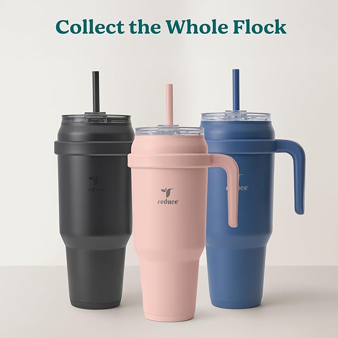 REDUCE 50 oz Stainless Steel Tumbler with Handle - Dual-Wall Vacuum Insulated Travel Mug, Sweat-Proof Lid & Reusable Straw - Keeps Drinks Cold for 24 Hrs, Fits Cupholders, Dishwasher Safe - Pink Clay