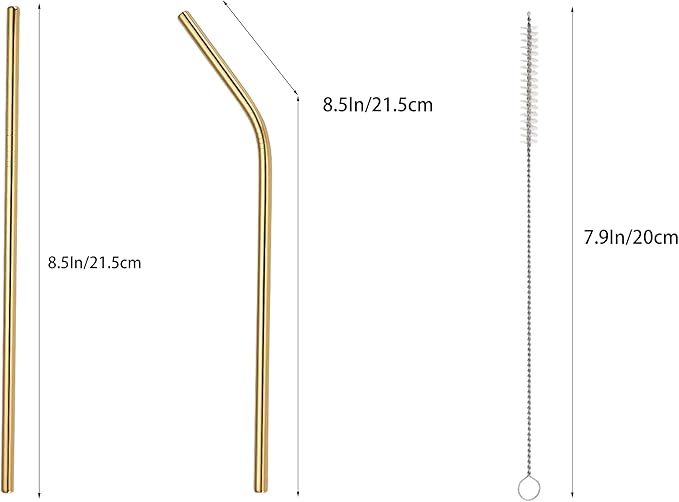 10 Pcs Stainless Steel Straws, Reusable Drinking Straws, 5 Straight + 5 Bent Metal Straws Set With 2 Pcs Cleaning Brushes (Gold, 8.5 Inch)