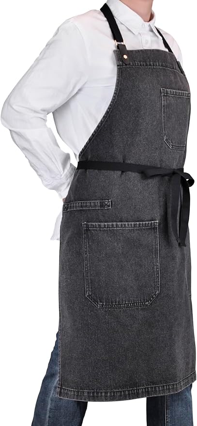 Cooking Apron with Pockets Mens Womens Professional Kitchen Bib Apron for Chef Grill BBQ (Black Denim -2)