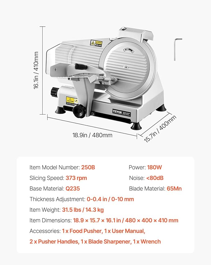 VEVOR Commercial Meat Slicer, 10 inch Electric Deli Food Slicer, 180W Meat Cutter with a Premium 65Mn Blade, 0-0.4 inch Adjustable Thickness, Food Slicer Machine for Meat Vegetables Hard Bread Cheese