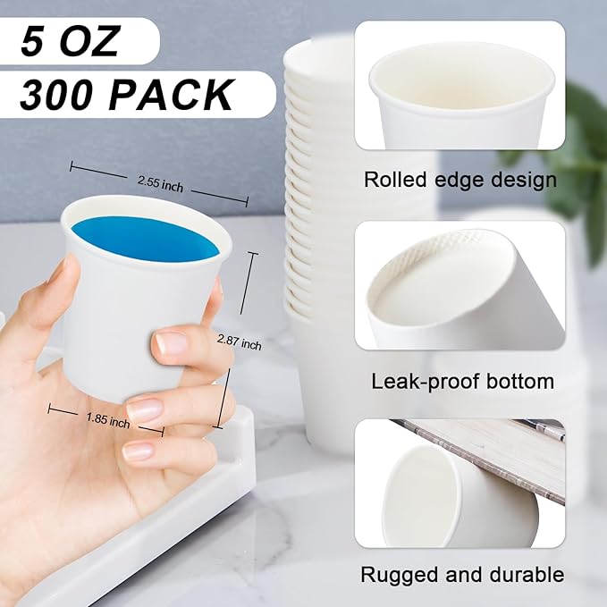 300 Pack 5 oz Paper Cups, White Paper Disposable Cups, Small Bathroom Mouthwash Cups, Hot/Cold Drinking Cups for Bathroom, Home, Party, Office, Picnic, Travel