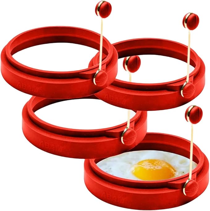 Professional 4 Inch Silicone Egg Ring, Pancake Mold Egg Mold for Breakfast Sandwiches, Omelets and More, Nonstick Ring, Round Blue (Pack of 4), Free e-Book by Abam (Red)