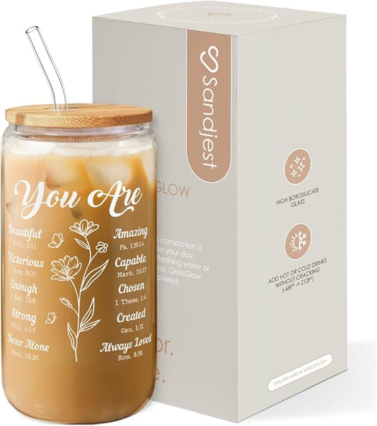 Christian Gifts for Women - Inspirational 16 Oz Can Glass Coffee Cup with Bamboo Lid & Straw - Religious Motivational Catholic Gifts for Womens Ladies