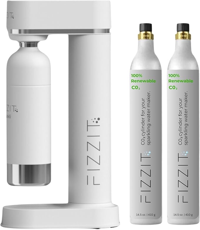 White Stainless Steel Sparkling Water Maker with 2 CO2 Cylinders & 1L Reusable Stainless Steel Bottle For Soda Makers