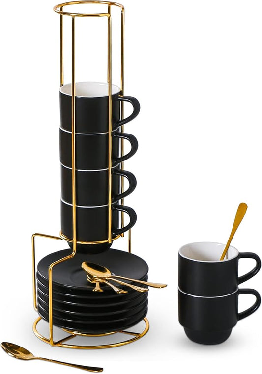 Lareina Porcelain 3-Ounce Espresso Cups Set of 6, Small Stackable Coffee Cups with Saucers, Spoons and Metal Stand - Ceramic Demitasse Mugs, Double Shots Expresso Cup, Matte Black