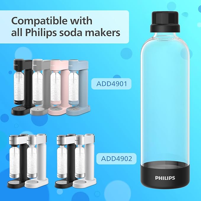 PHILIPS Carbonating Bottles ADD910BKOQ/37, 1L Twin Pack Reusable PET Water Bottles Compatible Sparkling Water Maker, 2 Pack for ADD4902BKOQ/37, ADD4902WHOQ/37 and ADD4901GROQ/37, ADD4901BKOQ/37