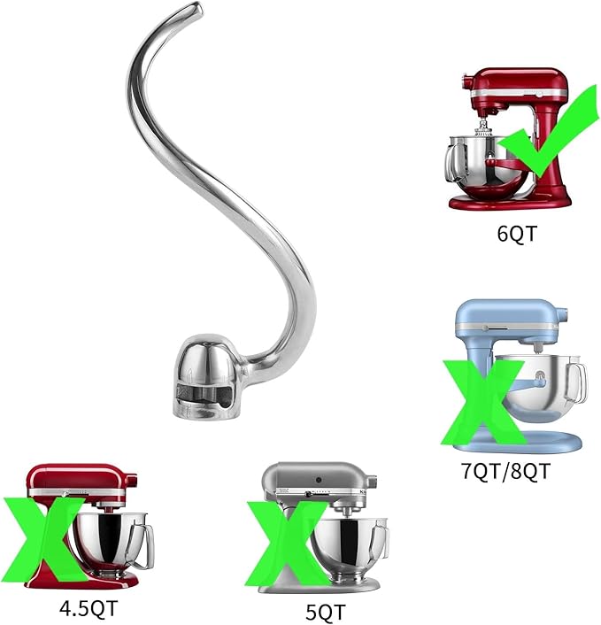 Stainless Steel Spiral Dough Hook Compatible with KitchenAid 5-6QT Mixer,Bowl Lift Stand Mixer Accessory, Dough Hook,Rust Resistant, Effectively Kneads Bread,Pizza,Pasta and Biscuits,Dishwasher Safe
