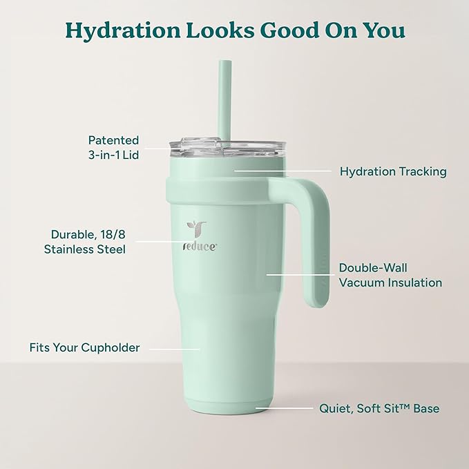 REDUCE 24 oz Stainless Steel Tumbler with Handle - Dual-Wall Vacuum Insulated Travel Mug, Sweat-Proof Lid & Reusable Straw - Keeps Drinks Cold for 24 Hrs, Fits Cupholders, Dishwasher Safe - Sea Glass