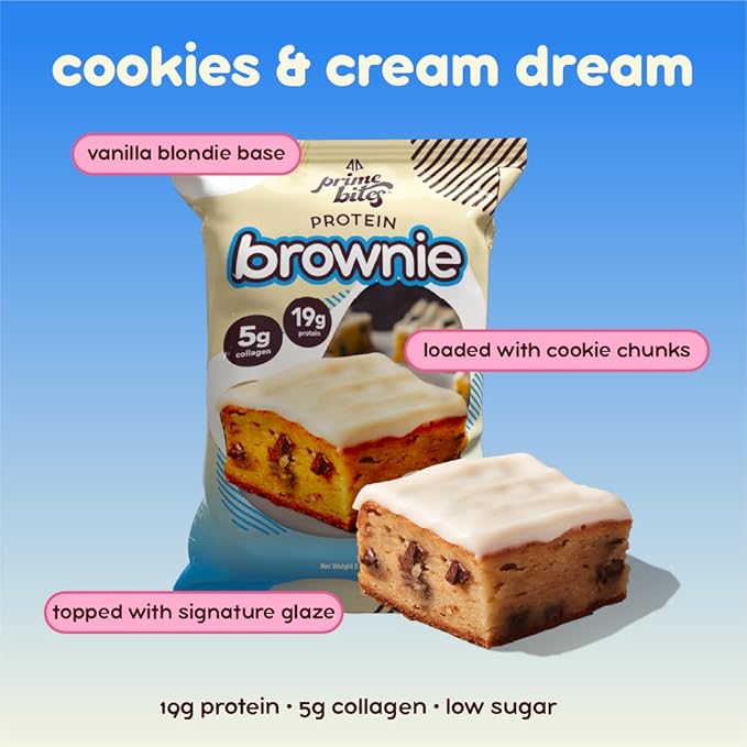 Prime Bites Protein Brownie from Alpha Prime Supplements | High Protein, Collagen Fortified Low Sugar Treat | Delicious Snack | 12 Bars per Box (Cookies & Cream Blondie)
