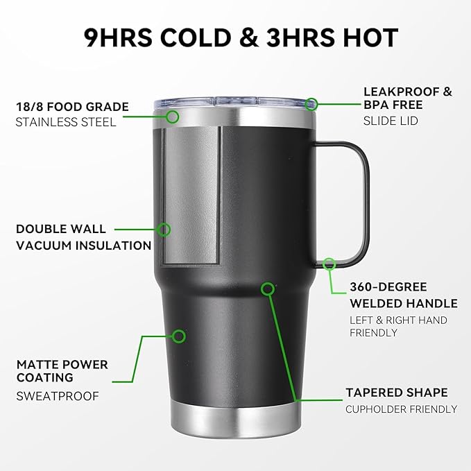 20 oz Stainless Steel Tumbler with Handle Metal Insulated Coffee Travel Mug with Handle Double Wall Tumbler Cup with Lid and Straw, 12 packs(1, NEW Black)