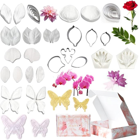 AK ART KITCHENWARE Silicone Veiner Stainless Steel Fondant Cutter Set for Gum Paste Flower Leaf Sugar Craft Tools Cake Decorating Supplies Silicone Veining Molds Moulds for Wedding with Christmas Box