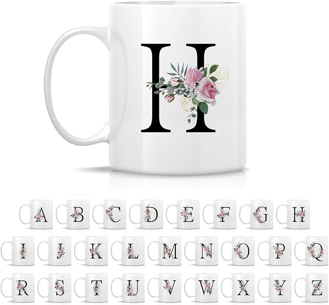 Retreez Initial A-Z Floral Botanical Bouquet Alphabet Monogrammed Monogram Mug 11 Oz Ceramic Tea Coffee Mugs - Appreciation Thank You Wedding Birthday Gifts for her friend coworker sister - H Initial