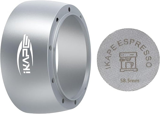 IKAPE Magnetic Dosing Funnel Set, 58MM Espresso Dosing Ring & Puck Screen Kit Compatible with 58MM Bottomless Portafilter - with 10 Small Magnet (Silver)