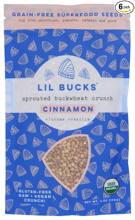 Lil Bucks Sprouted Regeneratively Grown Buckwheat Seeds– Paleo Cereal, Gluten-Free Granola, High in Protein, Low Sugar, Organic Superseed Crunch (CINNAMON, 6 Pack)